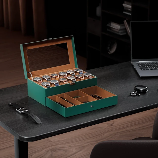 Alt view image 7 of 7 - Watch Box, 12 Slot Watch Case for Men with Drawer, MidnightGreen | 2-Layer Watches Display Case with Glass Lid, Mens Jewelry Box Storage Holder Organizer, Anniversary Christmas Birthday Gift