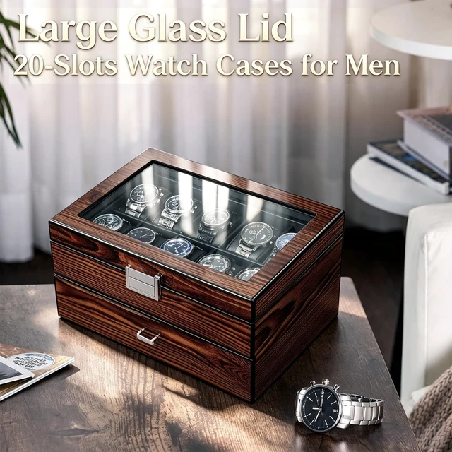 Alt view image 2 of 7 - High-End Watch Case, 20-Slot Watch Box Organizer Large Glass Lid | Watch Cases for Men with Removable Pillows, Wooden Watch Box, Synthetic Leather Interior, Watch Display Case Brown SSH04Y