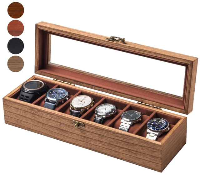 Main image of Watch Box for Men and Women - Large Glass Lid, Wooden Display Storage Case With 6 Slots, Retro Burlywood Organizer