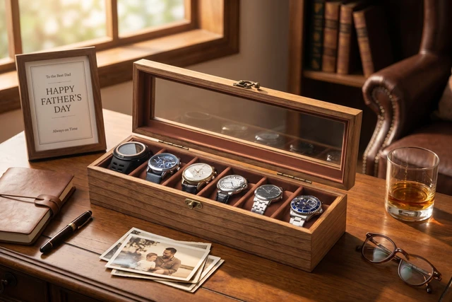 Alt view image 2 of 7 - Watch Box for Men and Women - Large Glass Lid, Wooden Display Storage Case With 6 Slots, Retro Burlywood Organizer