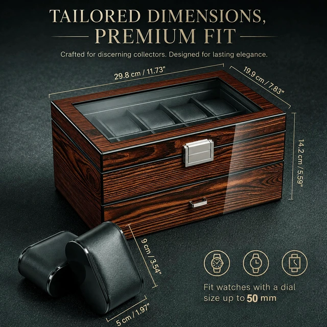 Alt view image 6 of 7 - High-End Watch Case, 20-Slot Watch Box Organizer Large Glass Lid | Watch Cases for Men with Removable Pillows, Wooden Watch Box, Synthetic Leather Interior, Watch Display Case Brown SSH04Y
