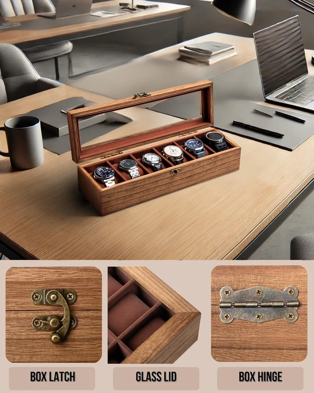 Alt view image 3 of 7 - Watch Box for Men and Women - Large Glass Lid, Wooden Display Storage Case With 6 Slots, Retro Burlywood Organizer