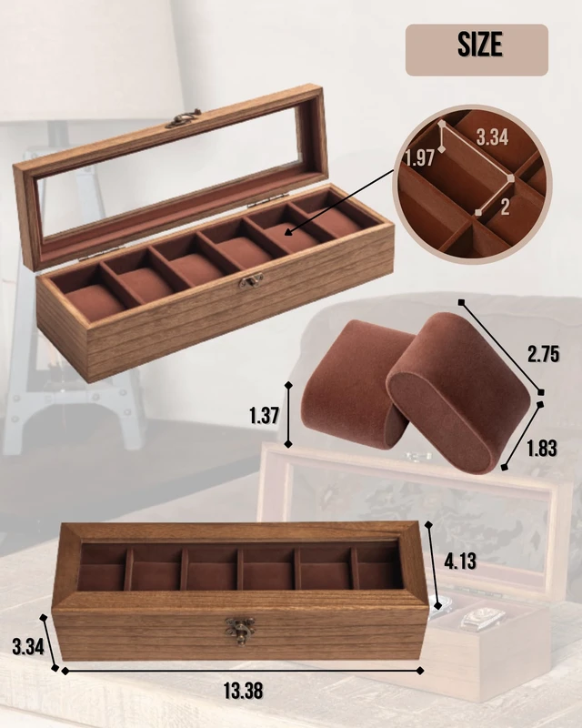 Alt view image 6 of 7 - Watch Box for Men and Women - Large Glass Lid, Wooden Display Storage Case With 6 Slots, Retro Burlywood Organizer