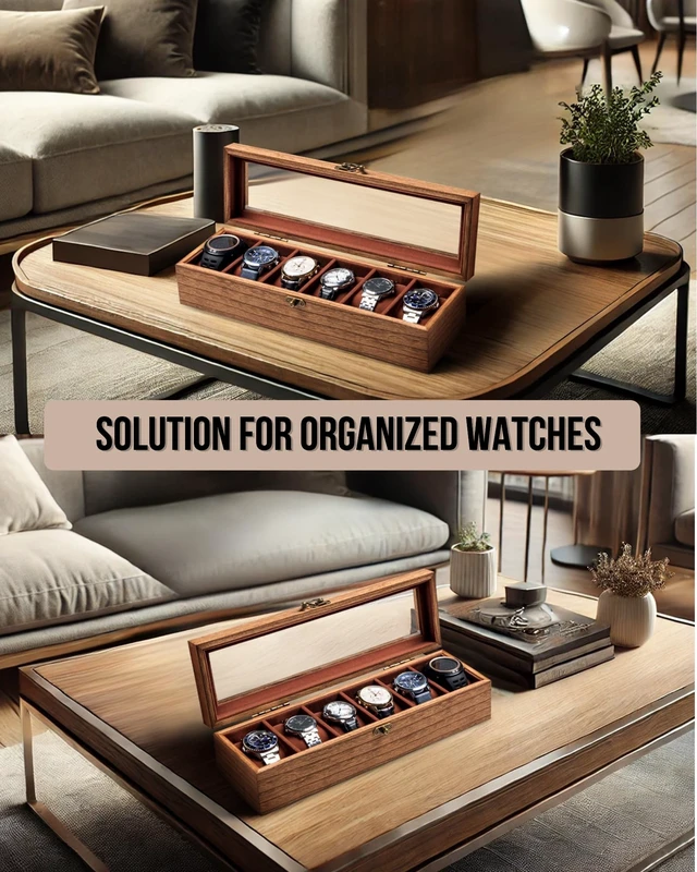 Alt view image 4 of 7 - Watch Box for Men and Women - Large Glass Lid, Wooden Display Storage Case With 6 Slots, Retro Burlywood Organizer