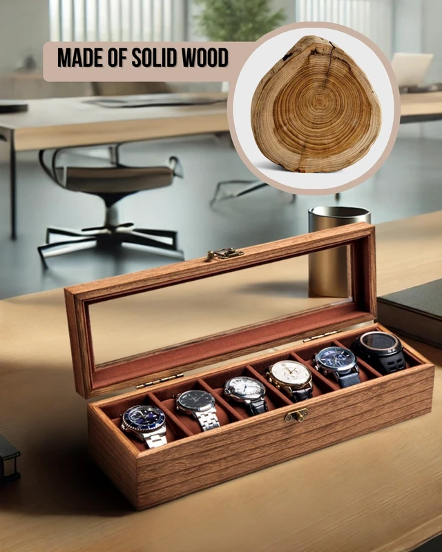 Alt view image 7 of 7 - Watch Box for Men and Women - Large Glass Lid, Wooden Display Storage Case With 6 Slots, Retro Burlywood Organizer