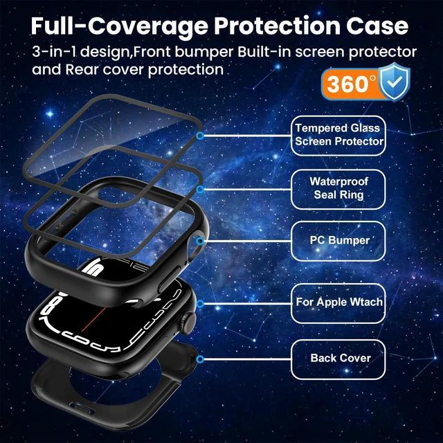 Alt view image 7 of 7 - 3 in 1 Waterproof Case for 44mm Apple Watch SE 3/2/1 Series 6/5/4 | 44mm PC Bumper 360 Full Face Cover Built-in Tempered Glass Screen Protector, Sensitive Touch Scratch, Matte Black