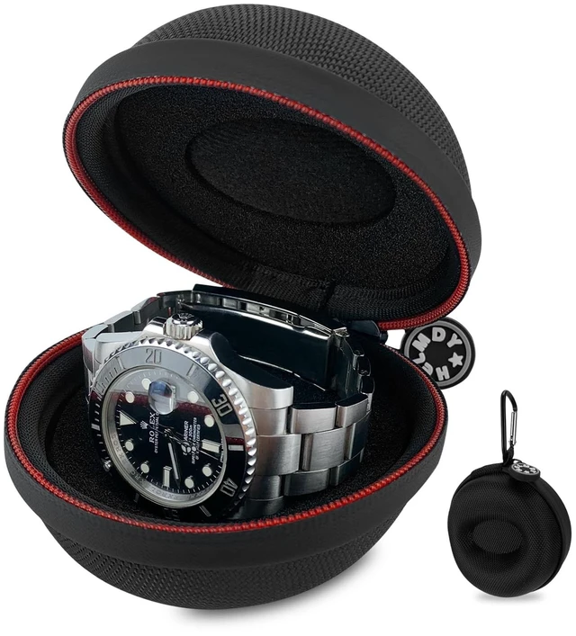 Main image of Waterproof Single Watch Travel Case for Men, Fits Watches Up to 50mm | Nylon Portable Hard Shell Storage Box W/ Carabiner & Soft Sponge, Unisex, Ideal For Vacations, Gym, Outdoor Trips & Daily Use