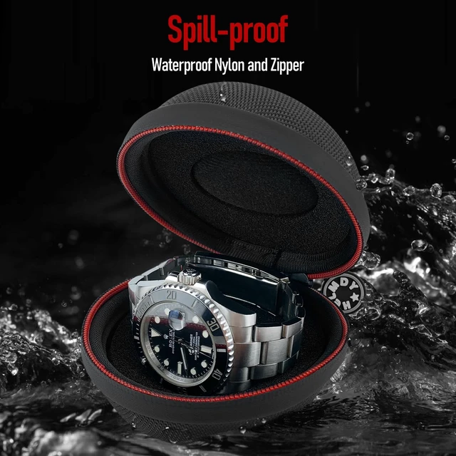Alt view image 2 of 7 - Waterproof Single Watch Travel Case for Men, Fits Watches Up to 50mm | Nylon Portable Hard Shell Storage Box W/ Carabiner & Soft Sponge, Unisex, Ideal For Vacations, Gym, Outdoor Trips & Daily Use