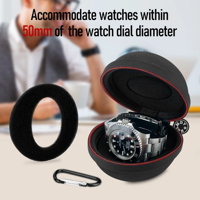 Alt view image 5 of 7 - Waterproof Single Watch Travel Case for Men, Fits Watches Up to 50mm | Nylon Portable Hard Shell Storage Box W/ Carabiner & Soft Sponge, Unisex, Ideal For Vacations, Gym, Outdoor Trips & Daily Use