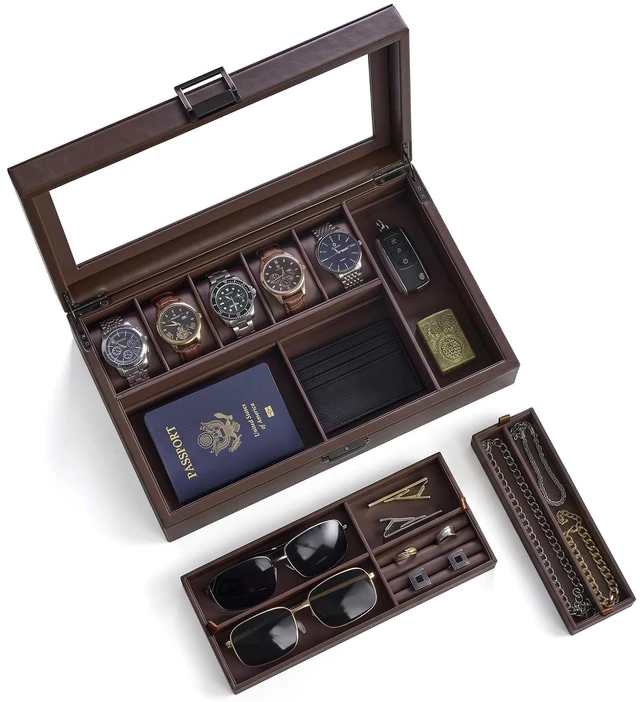 Main image of Men's Jewelry Box, 5-Slot Watch Display Case Jewellry Storage Organizer for Sunglasses Rings Accessories with Hidden Compartment, Watch Holder with Glass Lid -Espresso