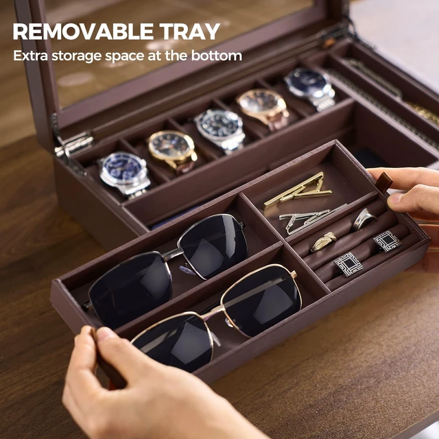 Alt view image 2 of 7 - Men's Jewelry Box, 5-Slot Watch Display Case Jewellry Storage Organizer for Sunglasses Rings Accessories with Hidden Compartment, Watch Holder with Glass Lid -Espresso