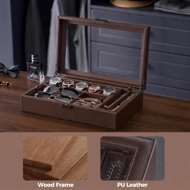 Alt view image 3 of 7 - Men's Jewelry Box, 5-Slot Watch Display Case Jewellry Storage Organizer for Sunglasses Rings Accessories with Hidden Compartment, Watch Holder with Glass Lid -Espresso