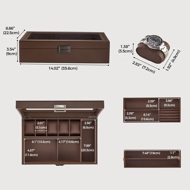 Alt view image 5 of 7 - Men's Jewelry Box, 5-Slot Watch Display Case Jewellry Storage Organizer for Sunglasses Rings Accessories with Hidden Compartment, Watch Holder with Glass Lid -Espresso