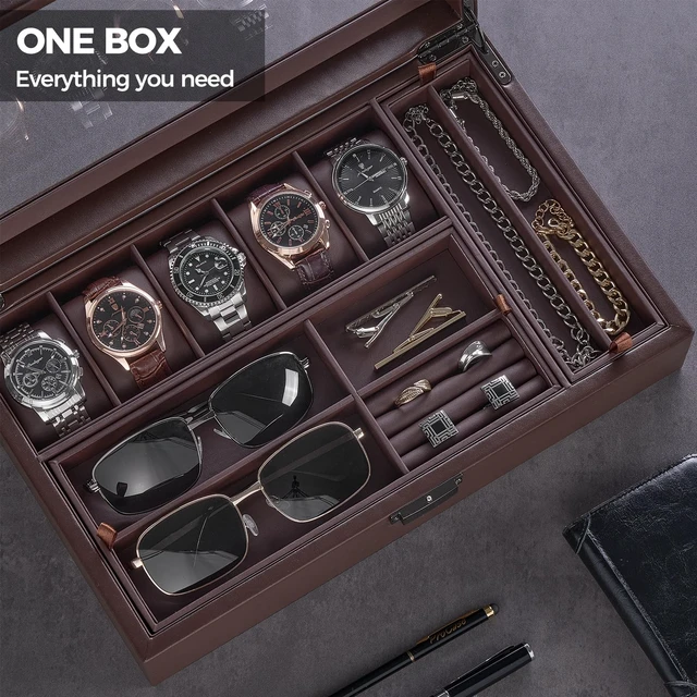 Alt view image 6 of 7 - Men's Jewelry Box, 5-Slot Watch Display Case Jewellry Storage Organizer for Sunglasses Rings Accessories with Hidden Compartment, Watch Holder with Glass Lid -Espresso