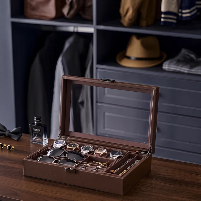 Alt view image 7 of 7 - Men's Jewelry Box, 5-Slot Watch Display Case Jewellry Storage Organizer for Sunglasses Rings Accessories with Hidden Compartment, Watch Holder with Glass Lid -Espresso