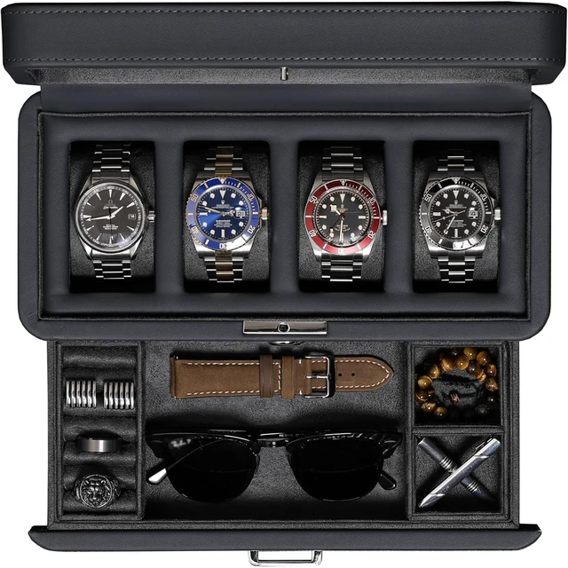 Main image of 4 Slot Leather Watch Box with Valet Drawer - Luxury Case Display Jewelry Organizer, Locking Display Case Holder with Real Glass Top - Watch Box Organizer for Men & Women (Carbon)