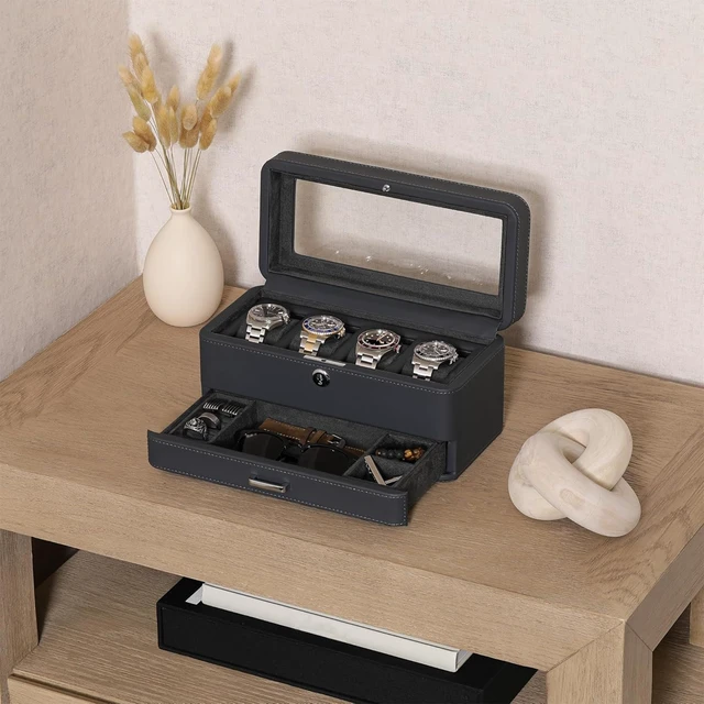 Alt view image 2 of 3 - 4 Slot Leather Watch Box with Valet Drawer - Luxury Case Display Jewelry Organizer, Locking Display Case Holder with Real Glass Top - Watch Box Organizer for Men & Women (Carbon)