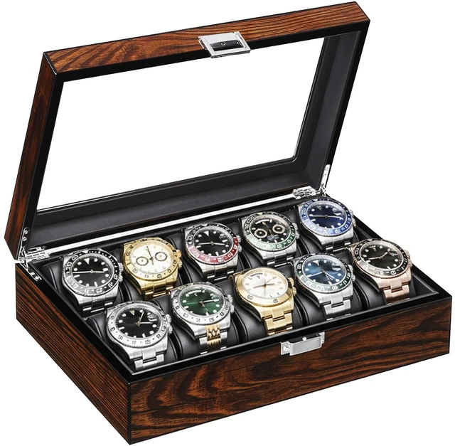 Main image of Watch Cases for Men, 10-Slot Watch Box Organizer with Glass Lid | Wooden Watch Case with Removable Watch Pillows, Watch Holder, Watch Storage, Synthetic Leather Interior, Brown SSH10Y