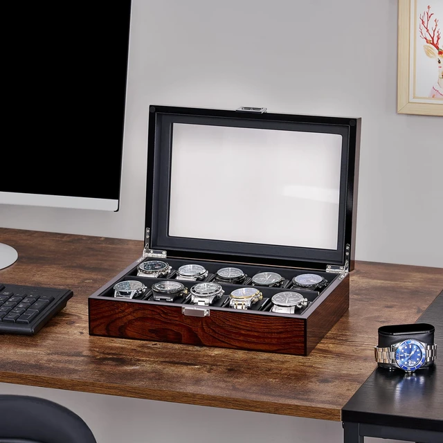Alt view image 4 of 7 - Watch Cases for Men, 10-Slot Watch Box Organizer with Glass Lid | Wooden Watch Case with Removable Watch Pillows, Watch Holder, Watch Storage, Synthetic Leather Interior, Brown SSH10Y