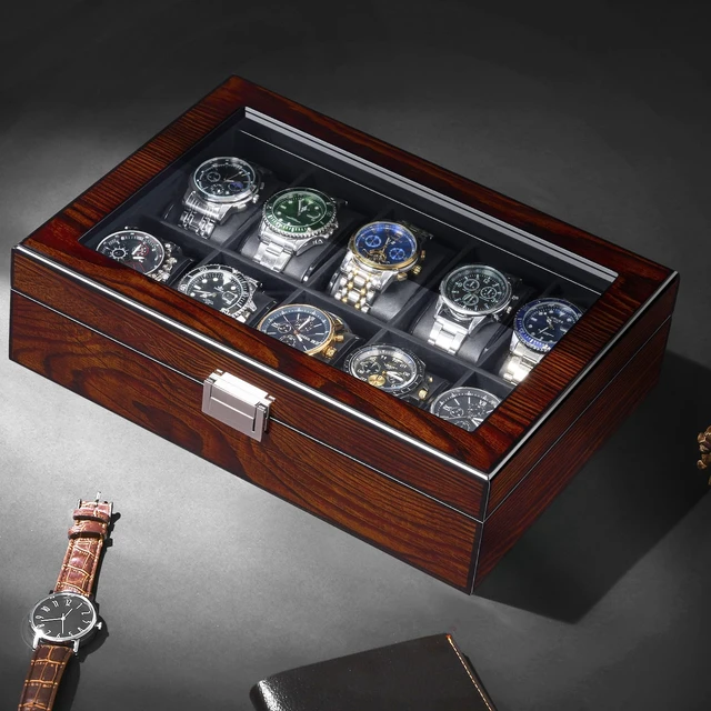 Alt view image 3 of 7 - Watch Cases for Men, 10-Slot Watch Box Organizer with Glass Lid | Wooden Watch Case with Removable Watch Pillows, Watch Holder, Watch Storage, Synthetic Leather Interior, Brown SSH10Y
