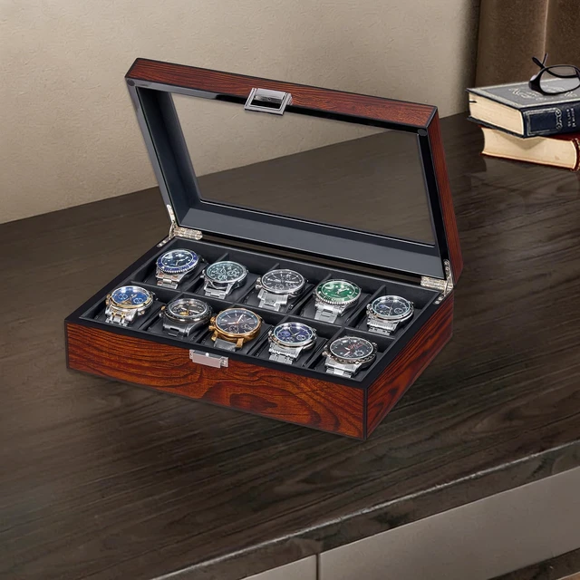 Alt view image 6 of 7 - Watch Cases for Men, 10-Slot Watch Box Organizer with Glass Lid | Wooden Watch Case with Removable Watch Pillows, Watch Holder, Watch Storage, Synthetic Leather Interior, Brown SSH10Y