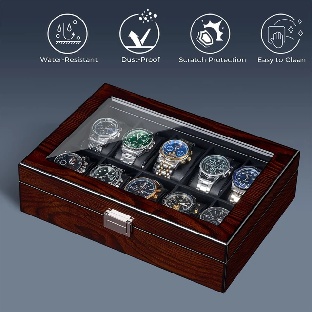 Alt view image 7 of 7 - Watch Cases for Men, 10-Slot Watch Box Organizer with Glass Lid | Wooden Watch Case with Removable Watch Pillows, Watch Holder, Watch Storage, Synthetic Leather Interior, Brown SSH10Y