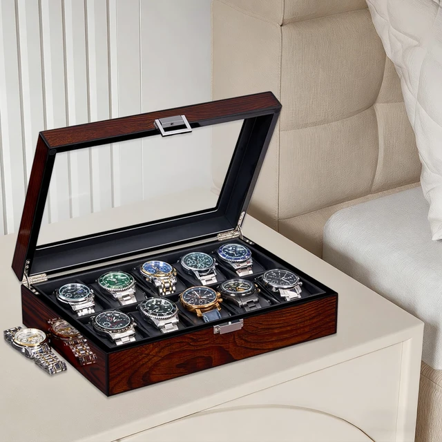Alt view image 5 of 7 - Watch Cases for Men, 10-Slot Watch Box Organizer with Glass Lid | Wooden Watch Case with Removable Watch Pillows, Watch Holder, Watch Storage, Synthetic Leather Interior, Brown SSH10Y
