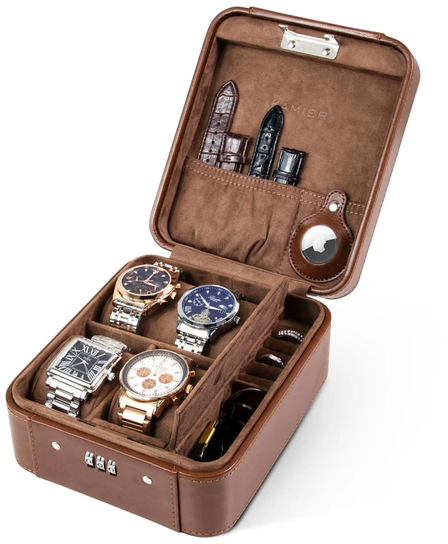 Main image of Watch Travel Case with Combination Lock - 4 Watch Storage and Jewelry | Watch Travel Case for Ring and Watch Storage, PU Leather Travel Watch Case, Ideal for Gift (With Gift Box)