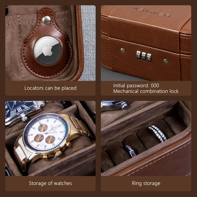 Alt view image 2 of 7 - Watch Travel Case with Combination Lock - 4 Watch Storage and Jewelry | Watch Travel Case for Ring and Watch Storage, PU Leather Travel Watch Case, Ideal for Gift (With Gift Box)