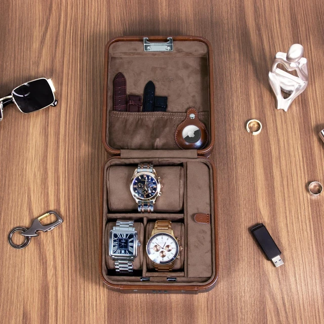 Alt view image 3 of 7 - Watch Travel Case with Combination Lock - 4 Watch Storage and Jewelry | Watch Travel Case for Ring and Watch Storage, PU Leather Travel Watch Case, Ideal for Gift (With Gift Box)