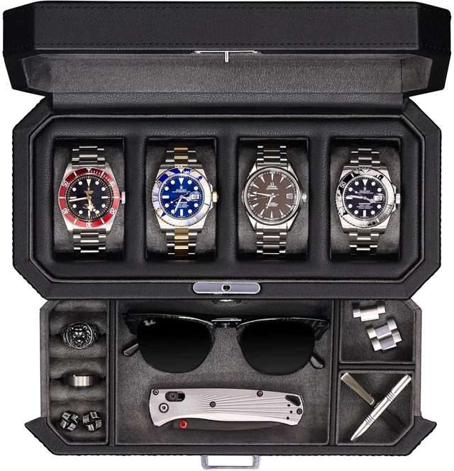 Main image of 4 Slot Leather Watch Box with Valet Drawer - Luxury Case Display Jewelry Organizer, Locking Display Case Holder with Real Glass Top - Watch Box Organizer for Men & Women (Grey)