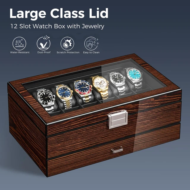 Alt view image 5 of 7 - High-End Watch Box 12-Slot Wooden Watch Case with Large Glass Lid | 2-Layer Watch Cases for Men, Watch Storage Organizer Holder 12Slot, Brown Red SSH02Y