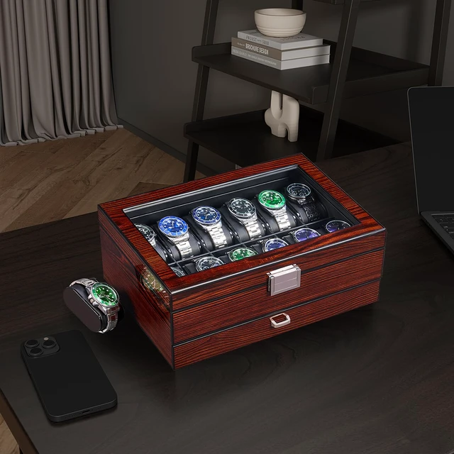 Alt view image 6 of 7 - High-End Watch Box 12-Slot Wooden Watch Case with Large Glass Lid | 2-Layer Watch Cases for Men, Watch Storage Organizer Holder 12Slot, Brown Red SSH02Y