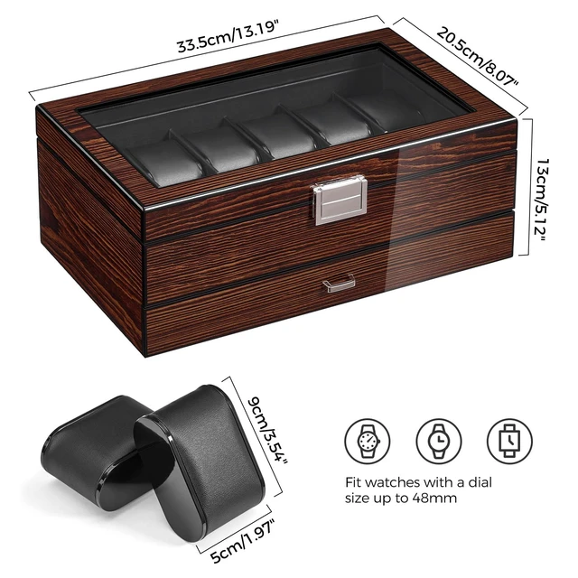Alt view image 7 of 7 - High-End Watch Box 12-Slot Wooden Watch Case with Large Glass Lid | 2-Layer Watch Cases for Men, Watch Storage Organizer Holder 12Slot, Brown Red SSH02Y