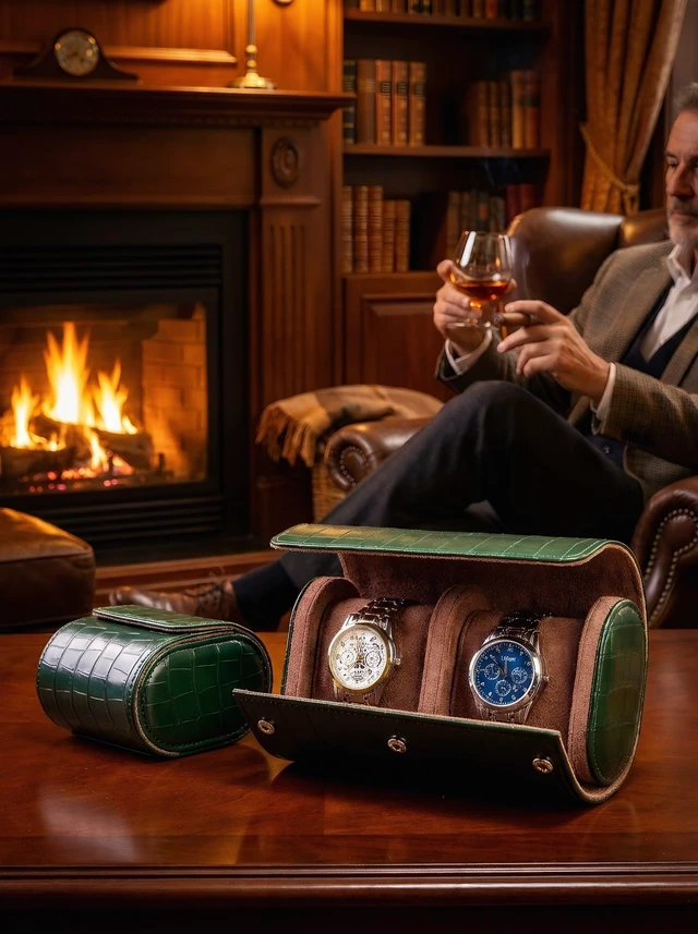 Alt view image 5 of 7 - 2 Watch Travel Case-Classic Leather Watch Case With Superb Texture.(Portable Watch Roll Or Organizer For Storage And Display).Festival Gift For Men, All Handcrafted By Artisans.
