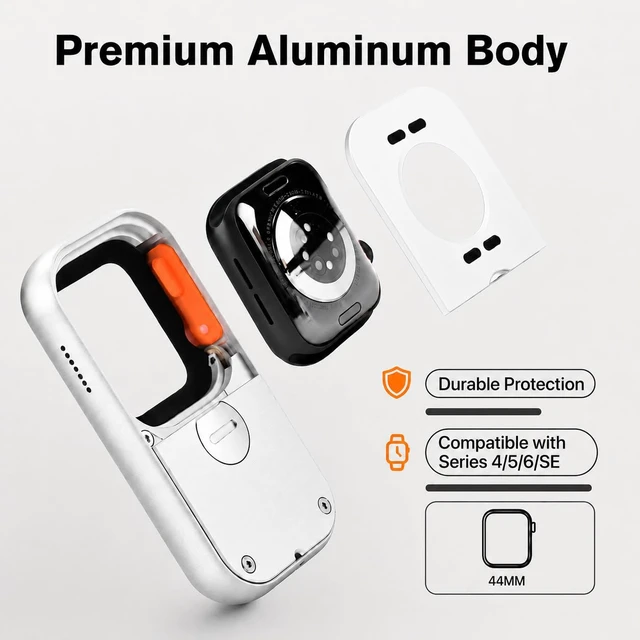 Alt view image 6 of 7 - RePod C1 Aluminum Case for Apple Watch S4/5/6/SE 44mm | Retro Music Player Design; Functional Mechanical Scroll Wheel; Premium CNC Metal Protective Cover; Silver Watch Accessory