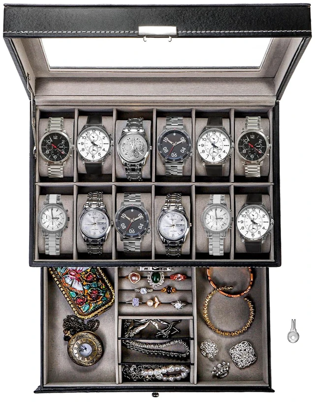 Main image of 12 Slot Watch Box Case Lockable with Glass Lid, 2 Layers Watch Holder Organizer Display with 1 Drawer for Rings and Bracelets, Gifts For Boyfriend Fathers Day Birthday (Black)