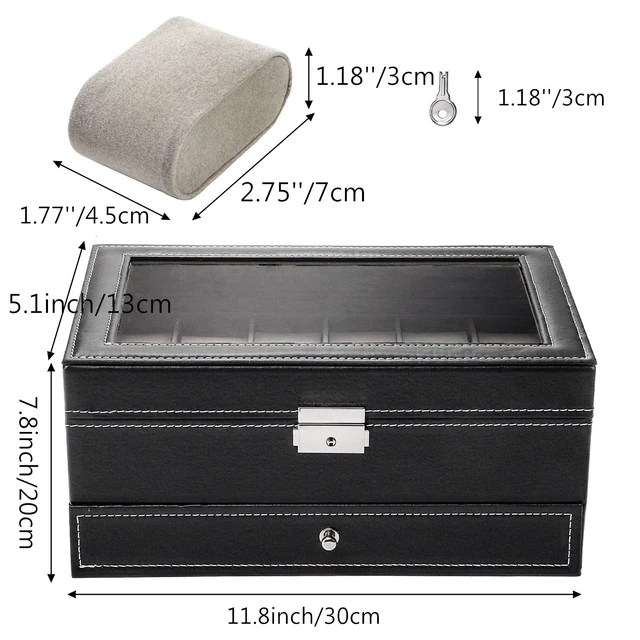 Alt view image 2 of 7 - 12 Slot Watch Box Case Lockable with Glass Lid, 2 Layers Watch Holder Organizer Display with 1 Drawer for Rings and Bracelets, Gifts For Boyfriend Fathers Day Birthday (Black)
