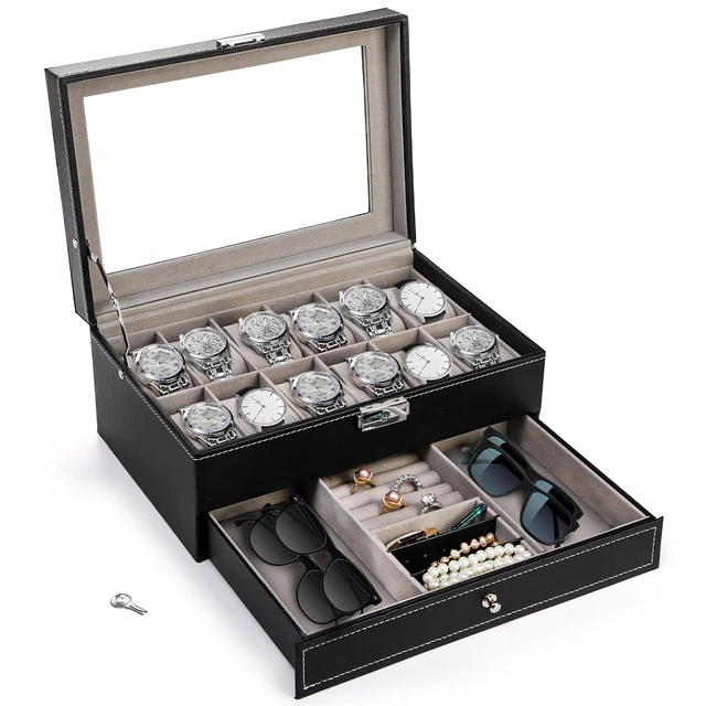Alt view image 3 of 7 - 12 Slot Watch Box Case Lockable with Glass Lid, 2 Layers Watch Holder Organizer Display with 1 Drawer for Rings and Bracelets, Gifts For Boyfriend Fathers Day Birthday (Black)