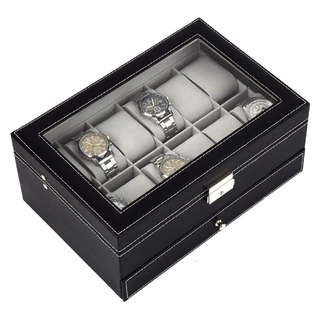 Alt view image 4 of 7 - 12 Slot Watch Box Case Lockable with Glass Lid, 2 Layers Watch Holder Organizer Display with 1 Drawer for Rings and Bracelets, Gifts For Boyfriend Fathers Day Birthday (Black)
