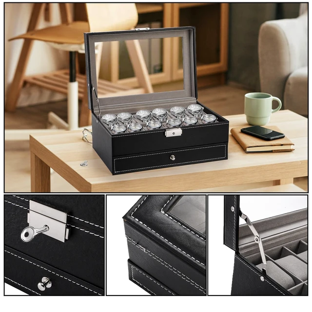 Alt view image 5 of 7 - 12 Slot Watch Box Case Lockable with Glass Lid, 2 Layers Watch Holder Organizer Display with 1 Drawer for Rings and Bracelets, Gifts For Boyfriend Fathers Day Birthday (Black)