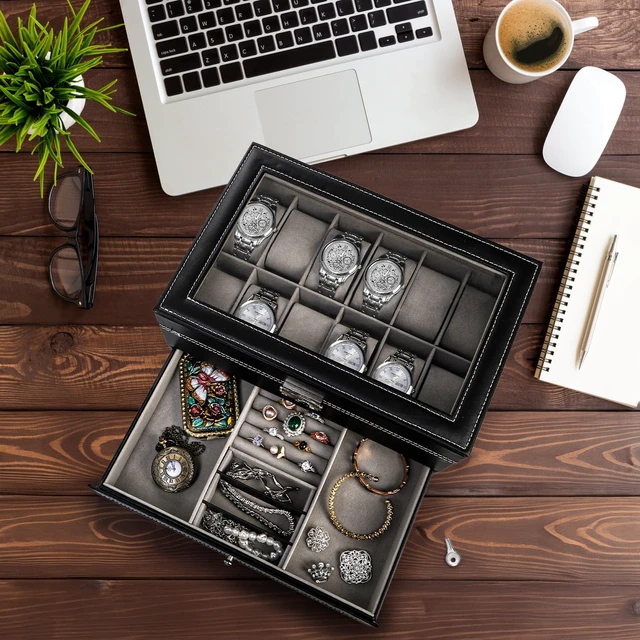 Alt view image 6 of 7 - 12 Slot Watch Box Case Lockable with Glass Lid, 2 Layers Watch Holder Organizer Display with 1 Drawer for Rings and Bracelets, Gifts For Boyfriend Fathers Day Birthday (Black)