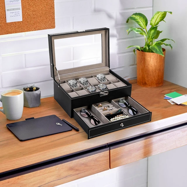 Alt view image 7 of 7 - 12 Slot Watch Box Case Lockable with Glass Lid, 2 Layers Watch Holder Organizer Display with 1 Drawer for Rings and Bracelets, Gifts For Boyfriend Fathers Day Birthday (Black)
