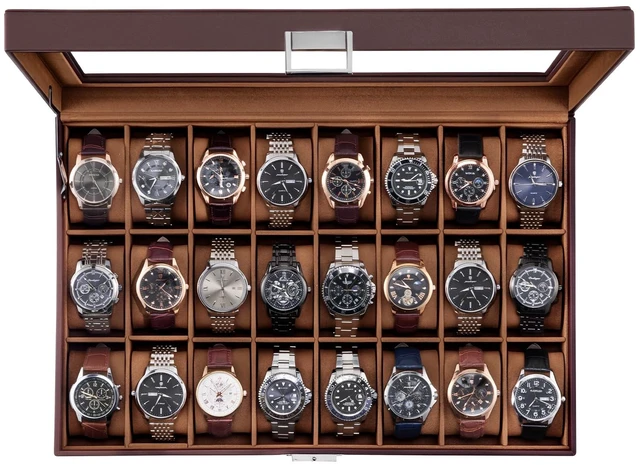 Main image of Watch Box for Men, 24 Slot Display Case with Real Glass Lid | Premium Storage Holder Organizer with Removable Pillows, Gift for Dad & Father's Day & Watch Collectors