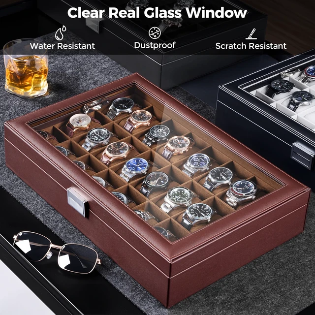 Alt view image 4 of 7 - Watch Box for Men, 24 Slot Display Case with Real Glass Lid | Premium Storage Holder Organizer with Removable Pillows, Gift for Dad & Father's Day & Watch Collectors