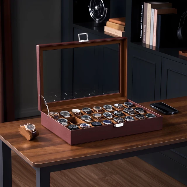 Alt view image 3 of 7 - Watch Box for Men, 24 Slot Display Case with Real Glass Lid | Premium Storage Holder Organizer with Removable Pillows, Gift for Dad & Father's Day & Watch Collectors