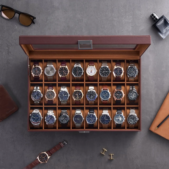 Alt view image 5 of 7 - Watch Box for Men, 24 Slot Display Case with Real Glass Lid | Premium Storage Holder Organizer with Removable Pillows, Gift for Dad & Father's Day & Watch Collectors
