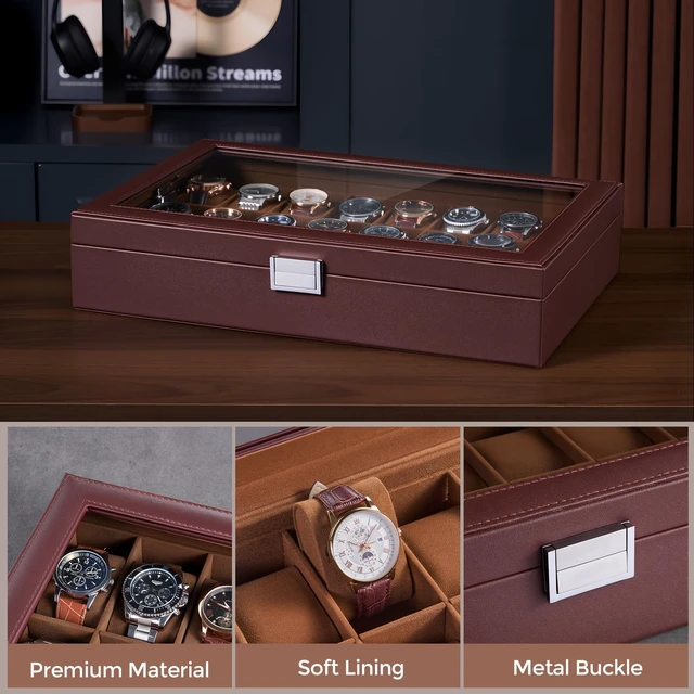 Alt view image 6 of 7 - Watch Box for Men, 24 Slot Display Case with Real Glass Lid | Premium Storage Holder Organizer with Removable Pillows, Gift for Dad & Father's Day & Watch Collectors