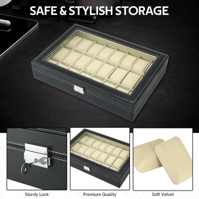 Alt view image 4 of 6 - 24-Slot Watch Display Storage Box, Leather Travel Case | Portable Jewelry Organizer with Soft Lining and Clear Lid, Protects Watches from Dust and Scratches for Home and Travel