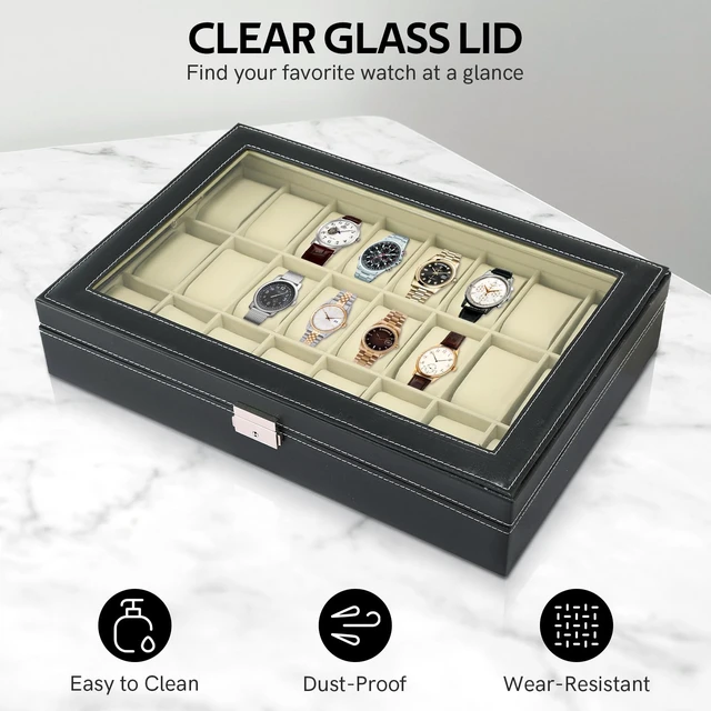 Alt view image 3 of 6 - 24-Slot Watch Display Storage Box, Leather Travel Case | Portable Jewelry Organizer with Soft Lining and Clear Lid, Protects Watches from Dust and Scratches for Home and Travel